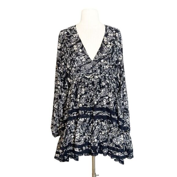 En Saison XS Rena Mini Dress Black Multi Lace Tiered Romantic Baby Doll Lined - Picture 1 of 16